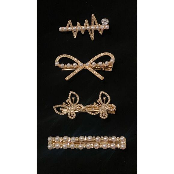 Hair Clips Set of 4 Pearls & Rhinestones Party Holidays - Picture 1 of 9